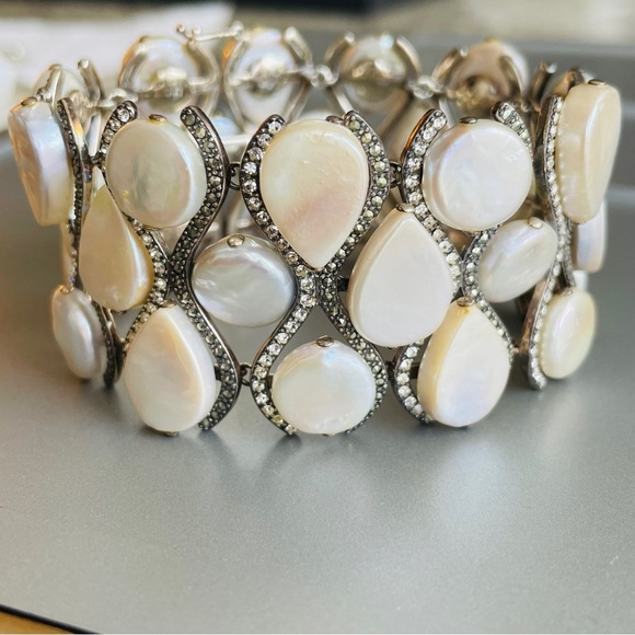 JUDITH JACK 3 ROW WIDE PANEL PEARL, MARCASITE, CZ STERLING SILVER BRACEL… - Picture 3 of 12